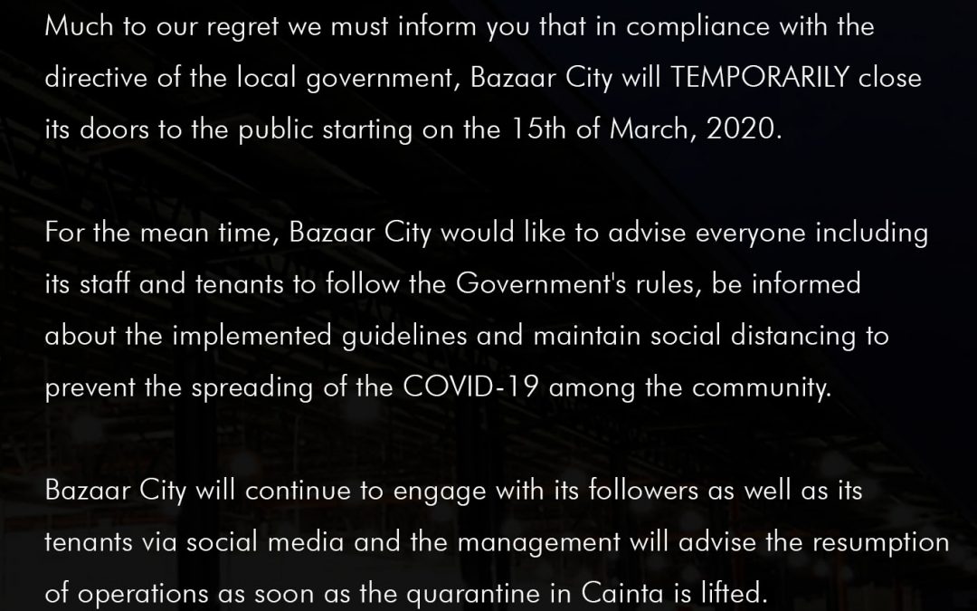 Bazaar City temporarily closes to comply with Cainta Community Quarantine directive.