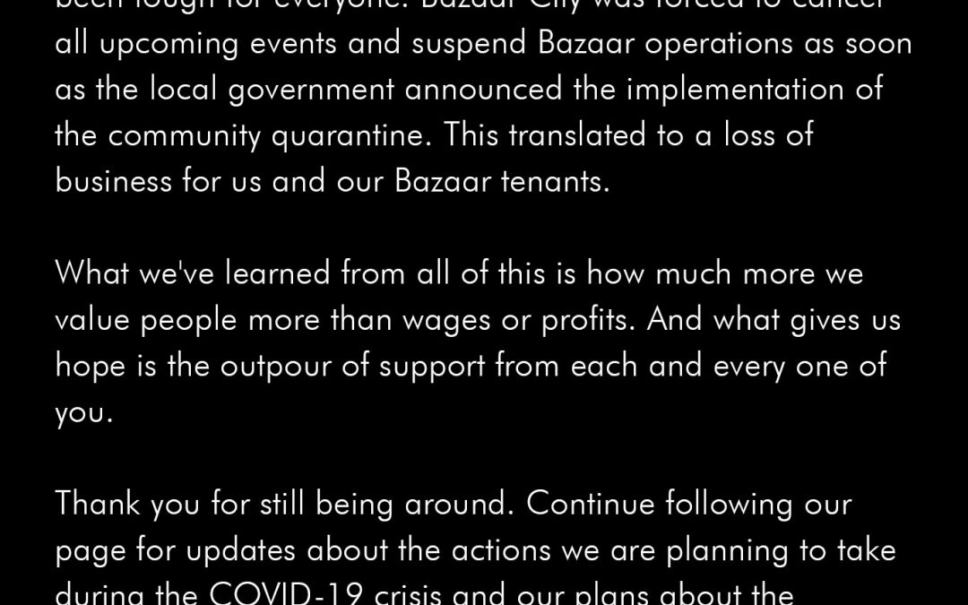 A message from Bazaar City about the current COVID-19 situation.